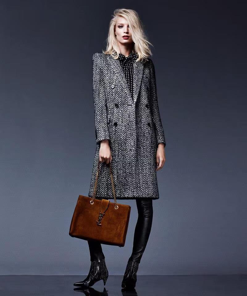 Saint Laurent Chevron Tweed Double-Breasted Coat