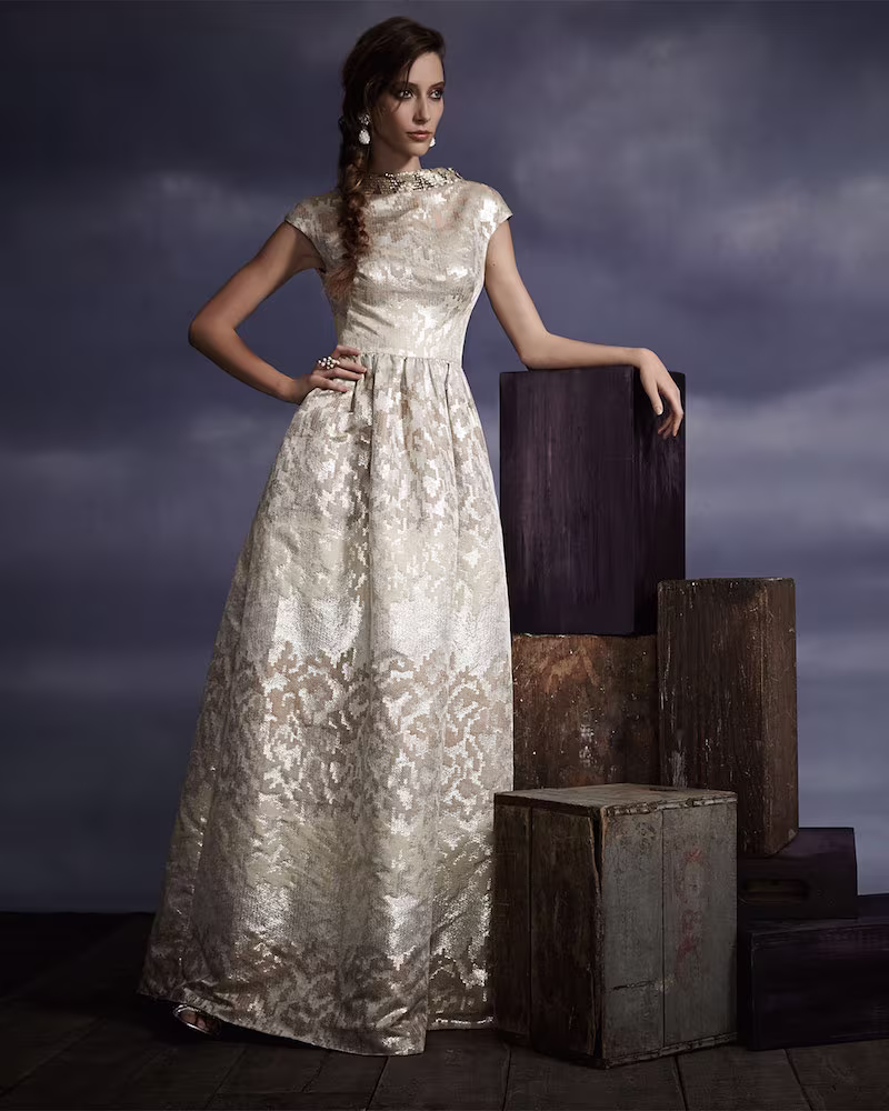 Badgley Mischka Collection Beaded-Collar Jacquard Evening Gown