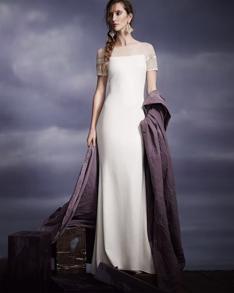 Badgley Mischka Collection Beaded Short-Sleeve Mermaid Gown