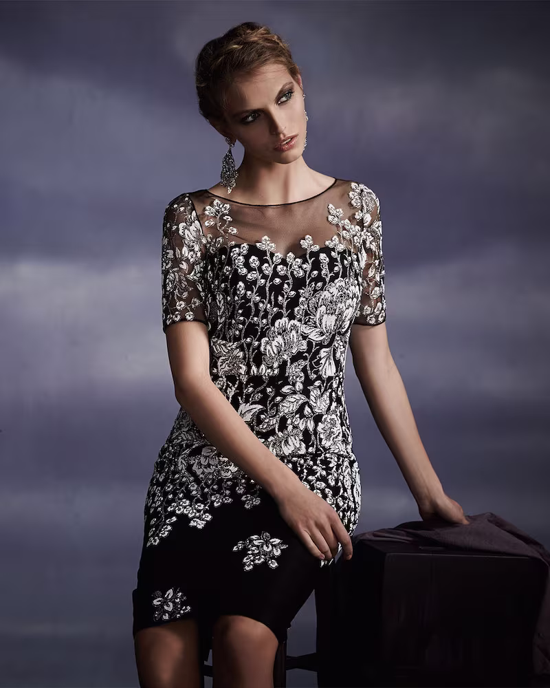 Badgley Mischka Collection Short-Sleeve Floral Overlay Cocktail Dress