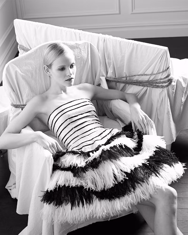Oscar de la Renta Striped Sequined Feather-Tiered Fit-And-Flare Dress