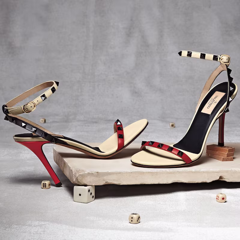 Valentino Colorblock Rockstud Lacquer-Stud Ankle-Wrap Sandal