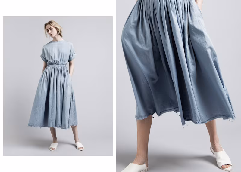 Black Crane Pleats Dress in Sky