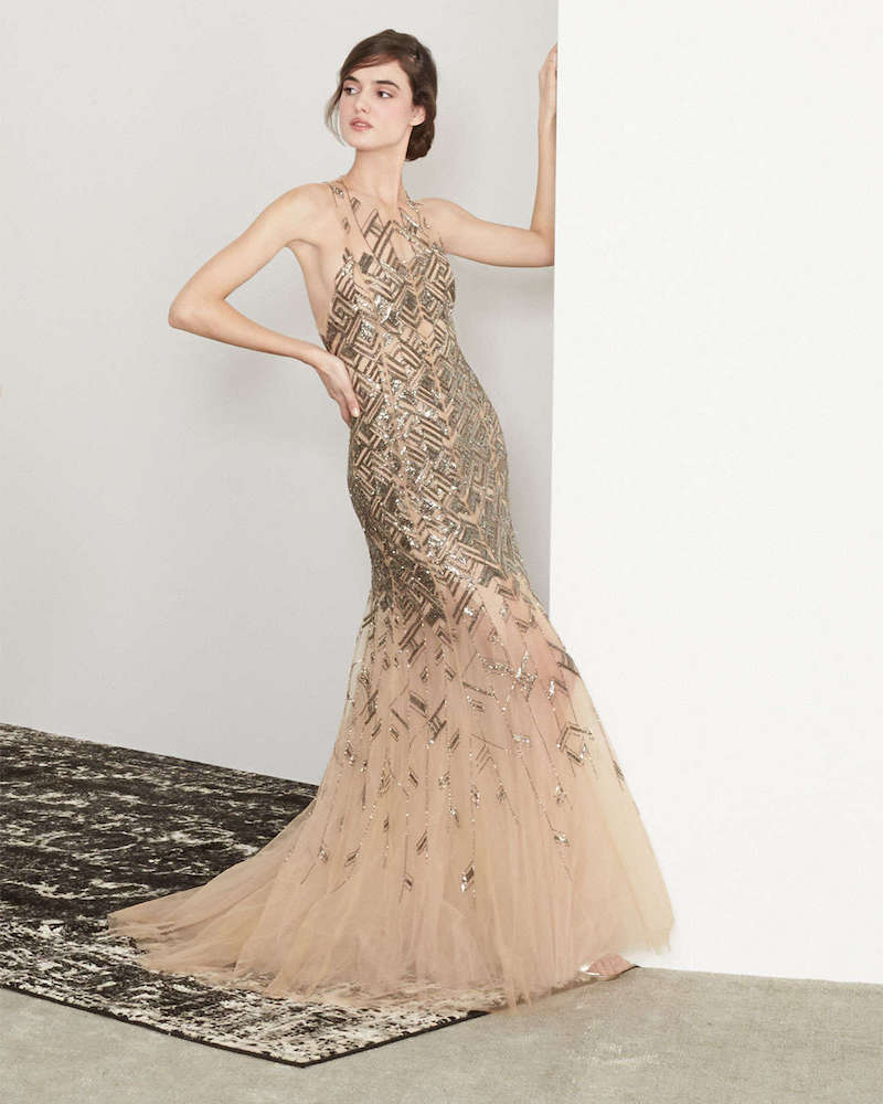 Lela Rose Bead-Embroidered Chiffon Gown