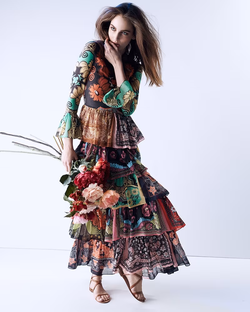 Valentino Patchwork-Print Ruffle-Tiered Dress