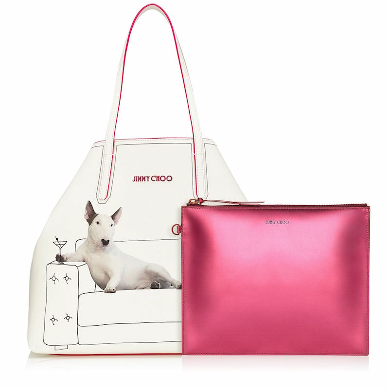 JIMMY CHOO Sara Martini on White Printed Coated Canvas Tote Bag with Mirror Leather Interior Pouch_1