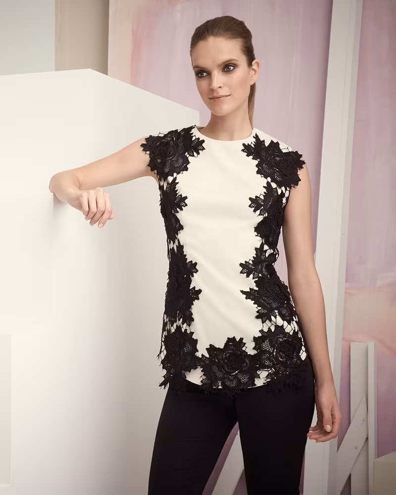Lela Rose Rose Lace-Trimmed Blouse