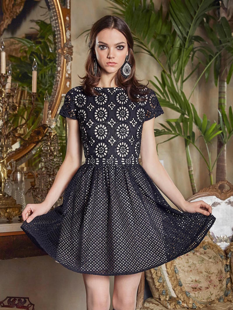 Alice + Olivia Sonny Embroidered Short Sleeve Flare Dress
