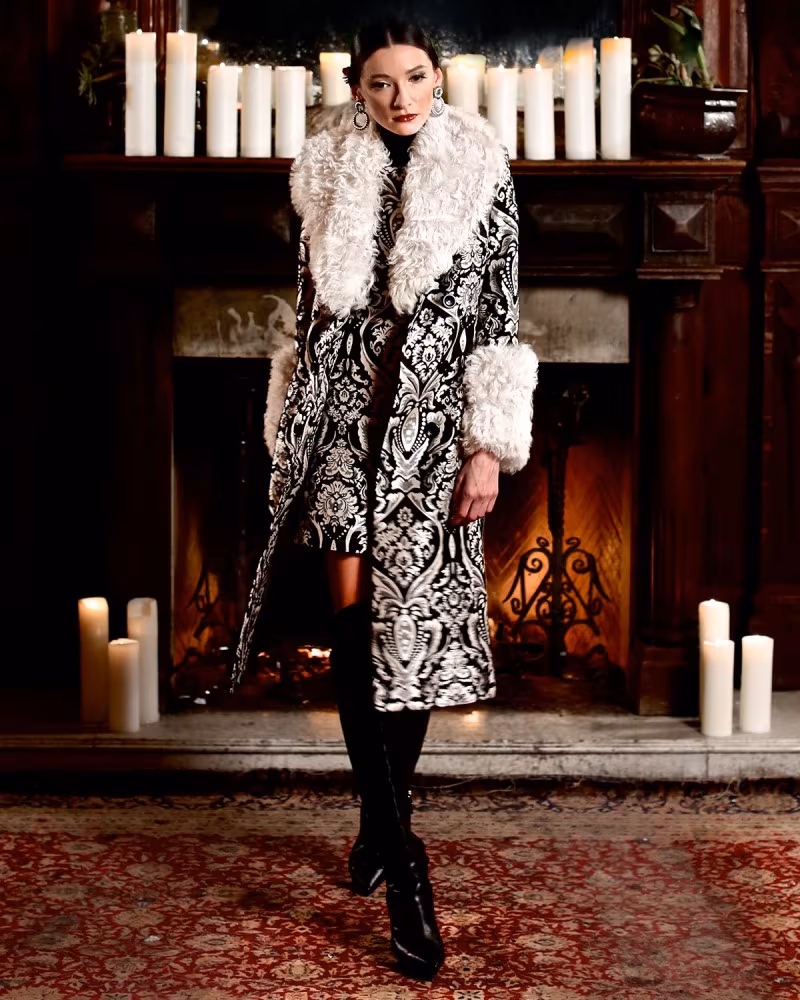 Alice + Olivia Winona Damask Fur-Trim Trenchcoat