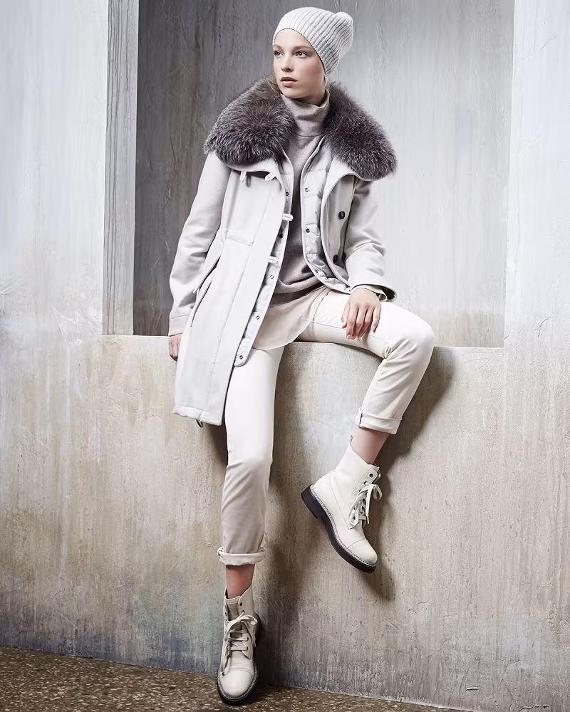Brunello Cucinelli Cashmere Fox-Collar Coat wQuilted Vest