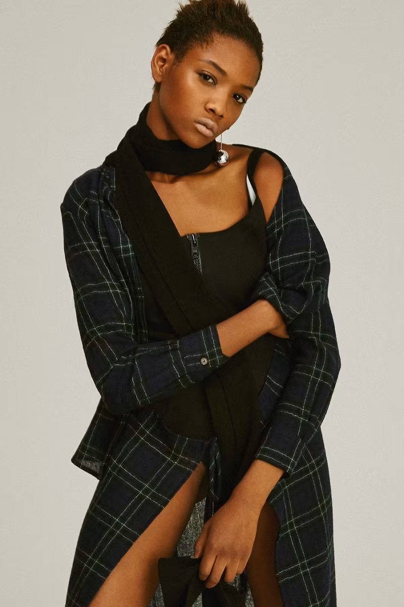 Rosetta Getty Navy Plaid Wool Skirt Panel Shirt
