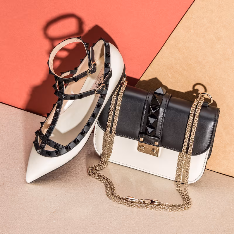 Valentino Color Block Rockstud Leather Cage Flats
