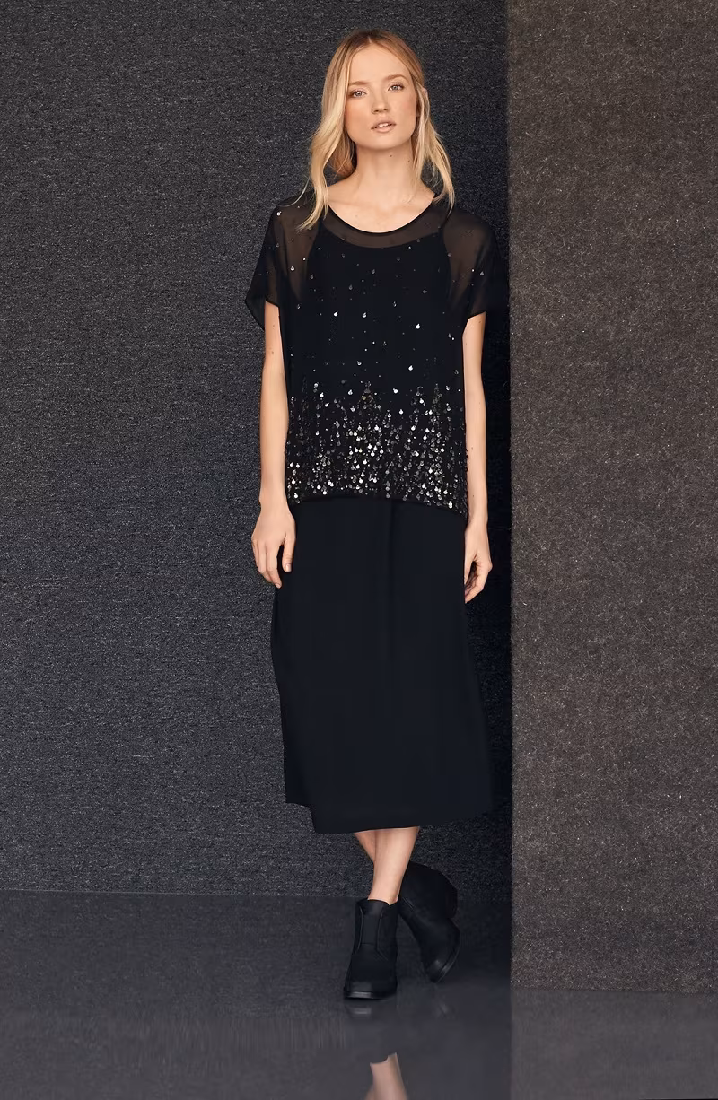 Eileen Fisher Scoop Neck Embellished Boxy Silk Top