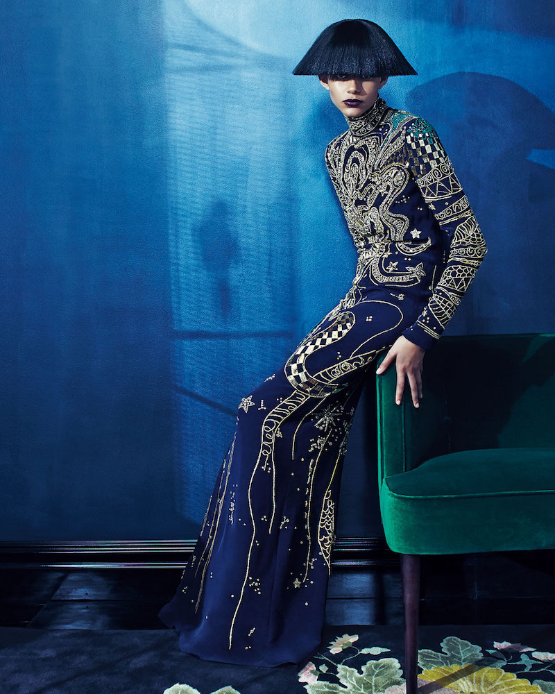 Emilio Pucci Long-Sleeve Zodiac Beaded Gown