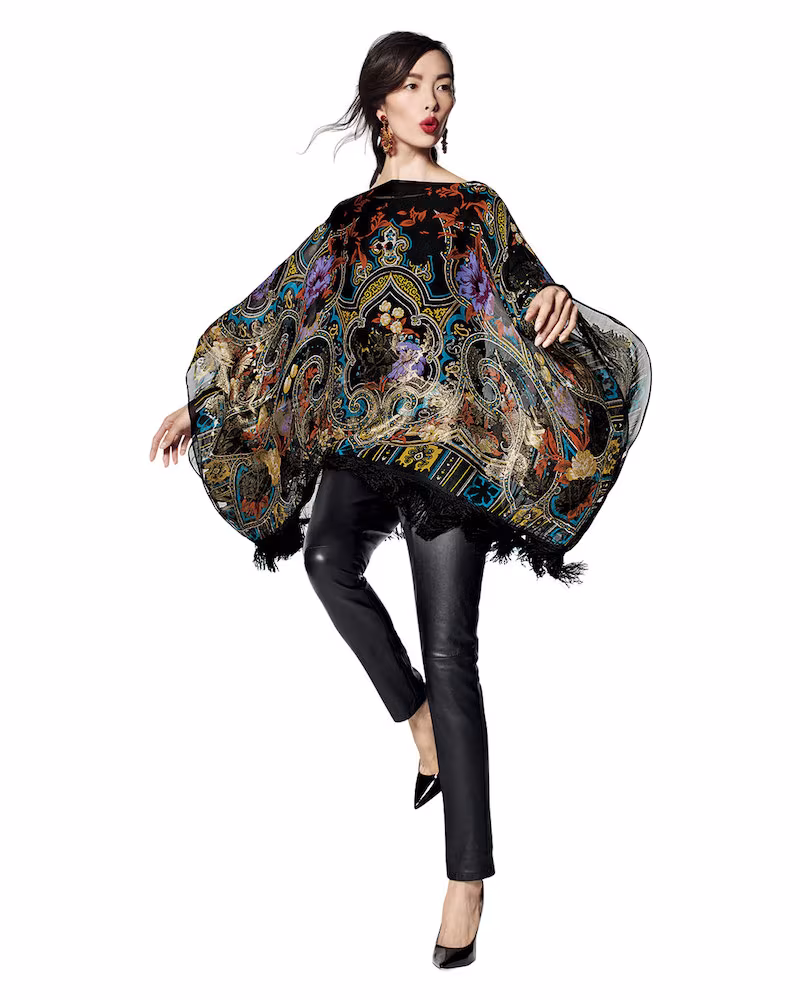 Etro Tapestry-Print Poncho with Fringe