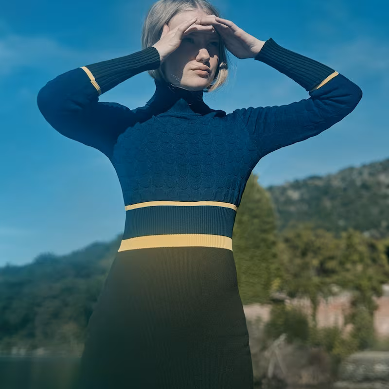 Mary Katrantzou Navy And Green Virgin Wool Falo Turtleneck Dress