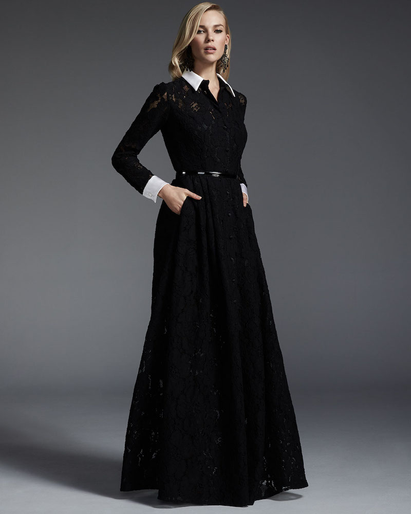 Carmen Marc Valvo Long-Sleeve Lace Belted Gown