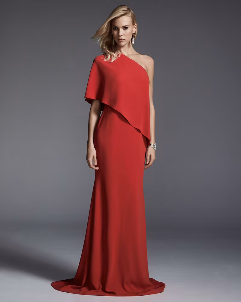 Carmen Marc Valvo One-Shoulder Crepe Gown
