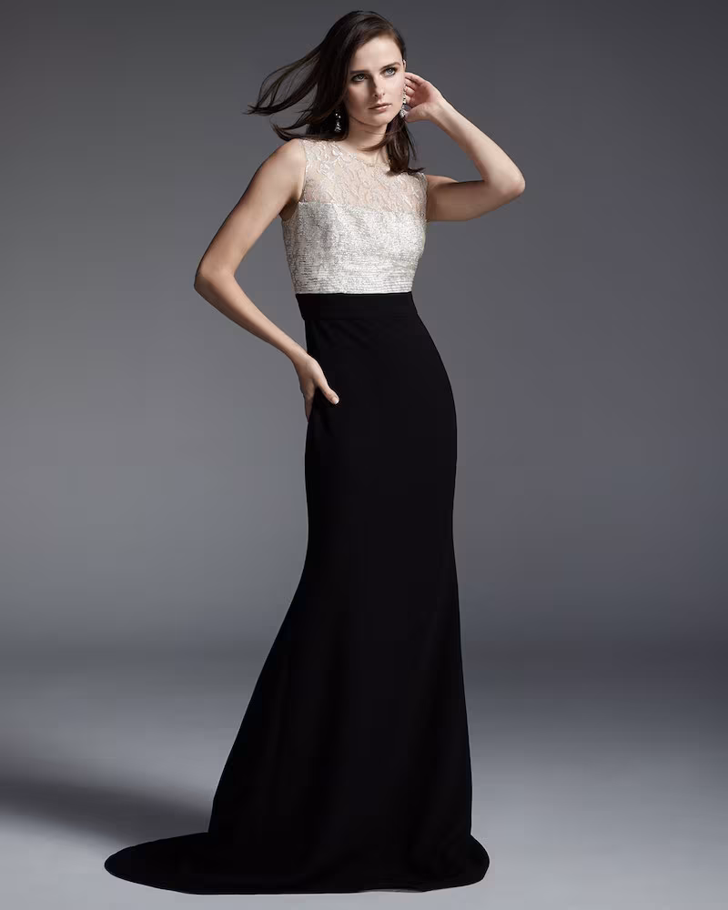 Carmen Marc Valvo Sleeveless Illusion-Bodice Combo Mermaid Gown