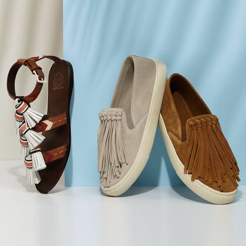Tory Burch Fria Fringe Suede Slip-On Sneaker & Weaver Flat Tassel Sandal