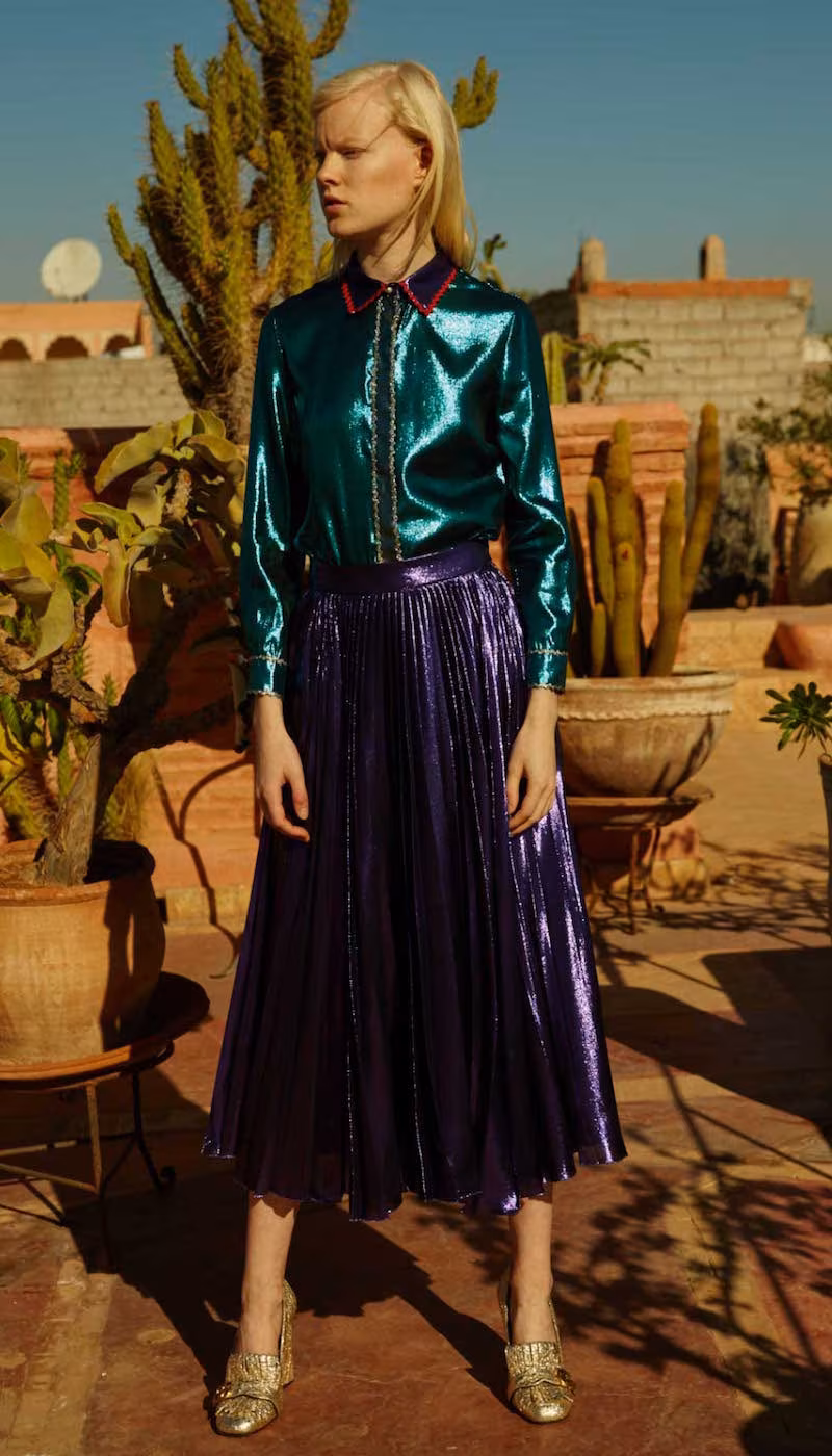 GUCCI Metallic Silk-blend Pleated Midi Skirt