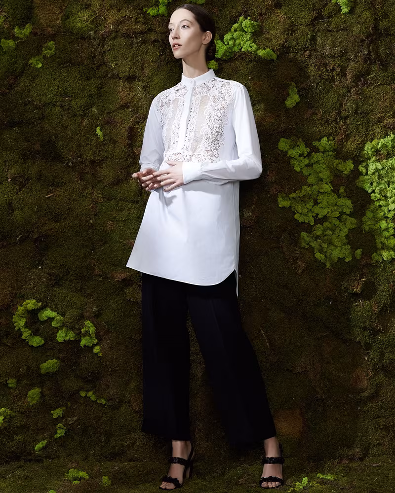 Valentino Long-Sleeve Lace-Bib Blouse
