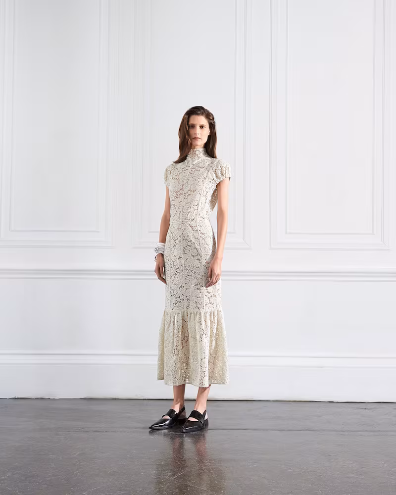 Victoria Beckham High Neck Frill Hem Midi Dress