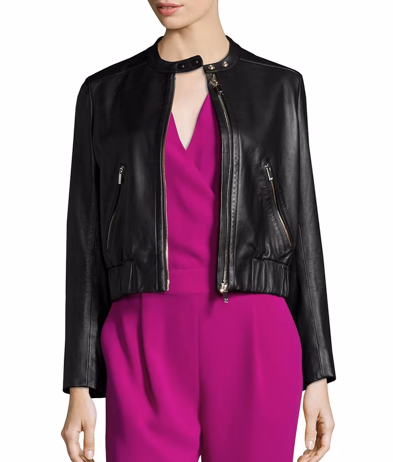 Diane von Furstenberg Buckley Zip-Front Lamb Leather Jacket-