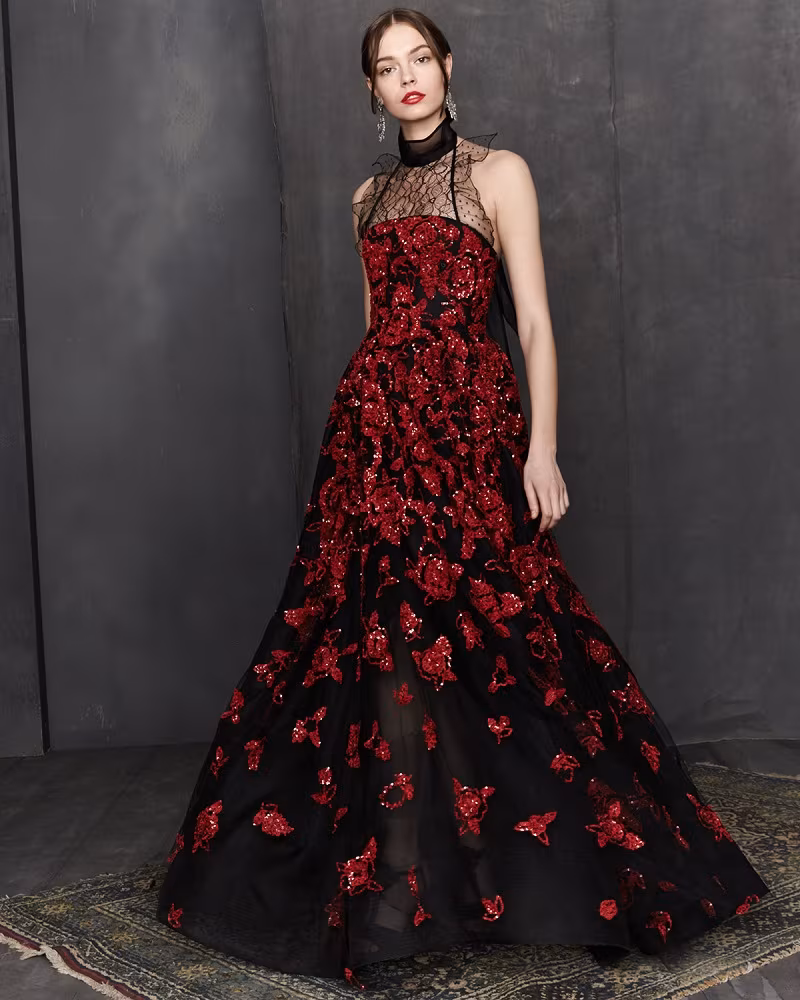 Oscar de la Renta Strapless Sequined Floral-Embroidered Gown