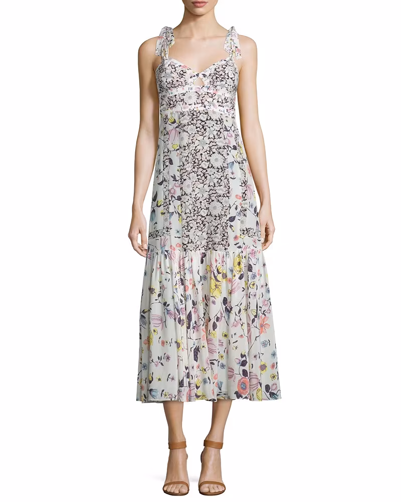 Rebecca Taylor Sleeveless Floral Silk Midi Dress