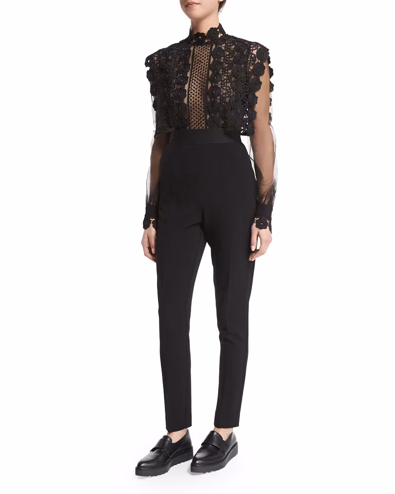 Self Portrait Long-Sleeve Combo Jumpsuit-