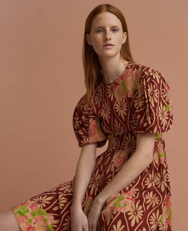 Simone Rocha Floral Print Puff Sleeve Silk Dress