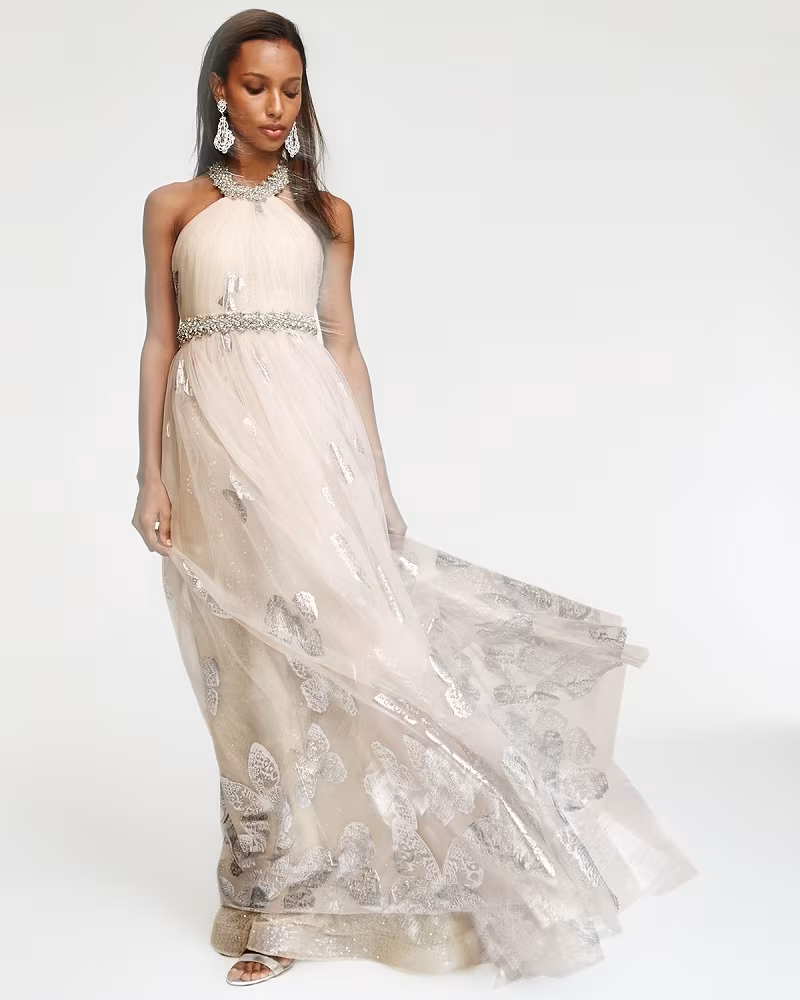 Badgley Mischka Halter Beaded Butterfly Tulle Gown