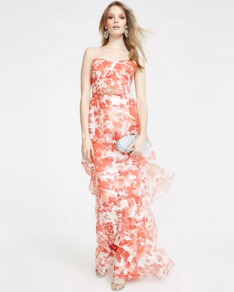 Badgley Mischka Strapless Floral Organza Gown