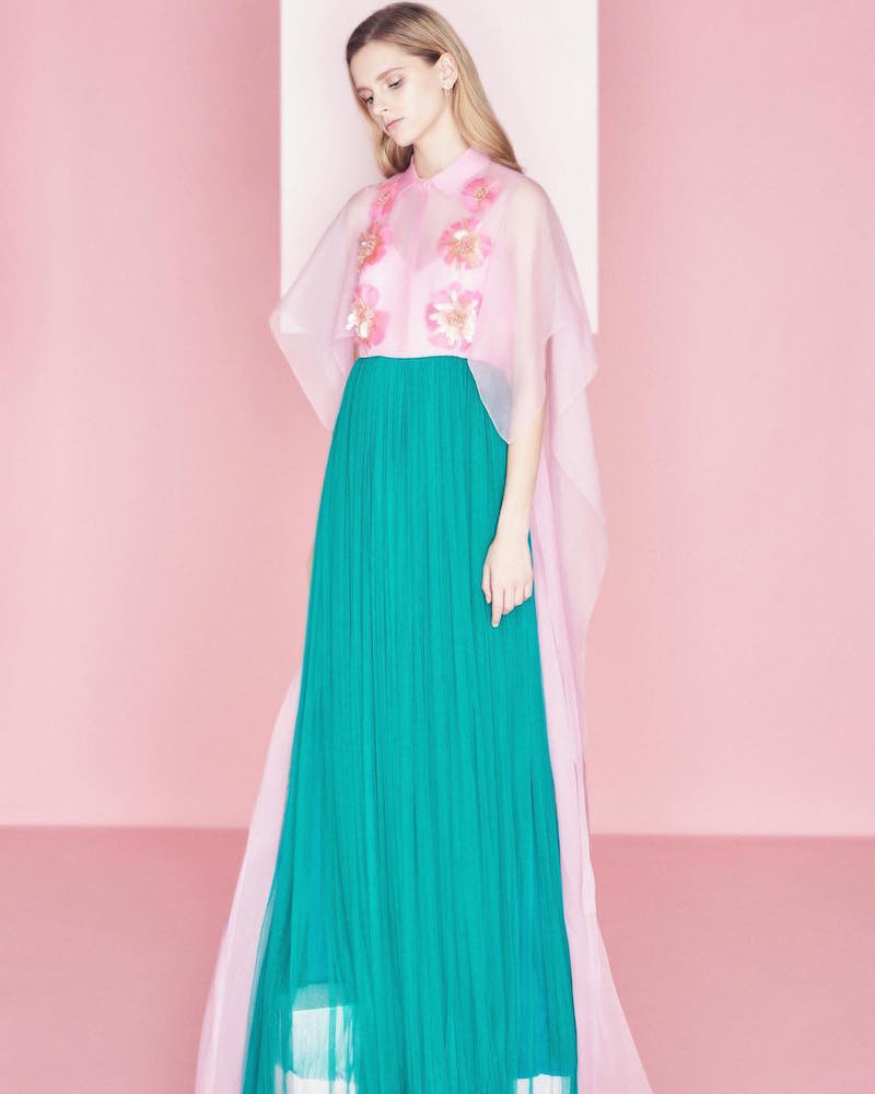 Delpozo Embroidered Silk Tulle Long Dress with Feather Embellishment
