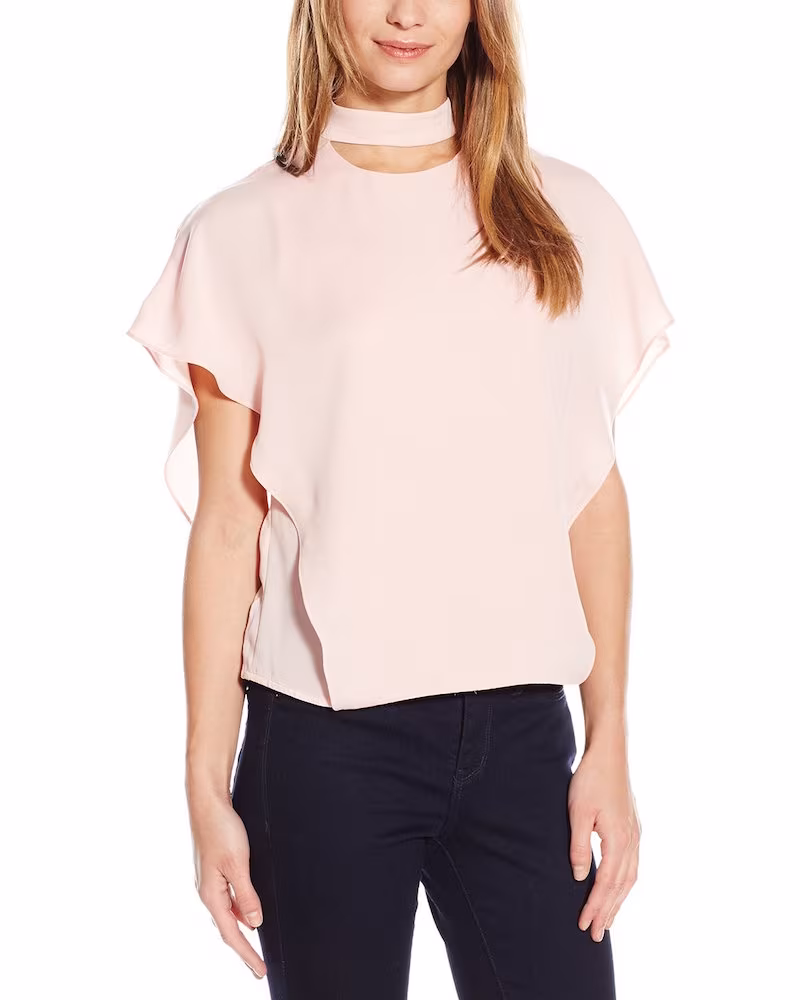 HALSTON HERITAGE Short Flowy Sleeve Mock Neck Top with Cut Outs