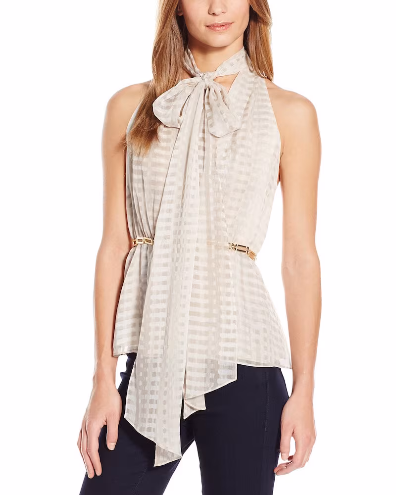 HALSTON HERITAGE Sleeveless Deep V-Neck Top with Scarf and Link Detail