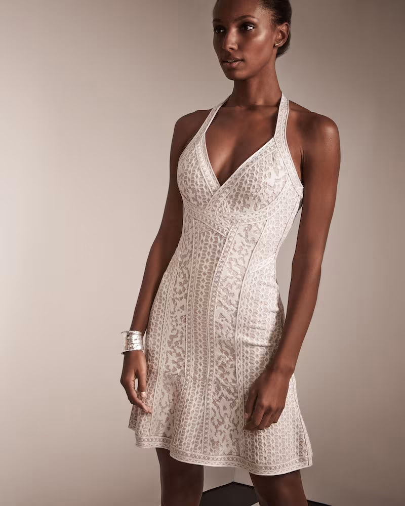 Herve Leger Flared Knit Jacquard Halter Dress