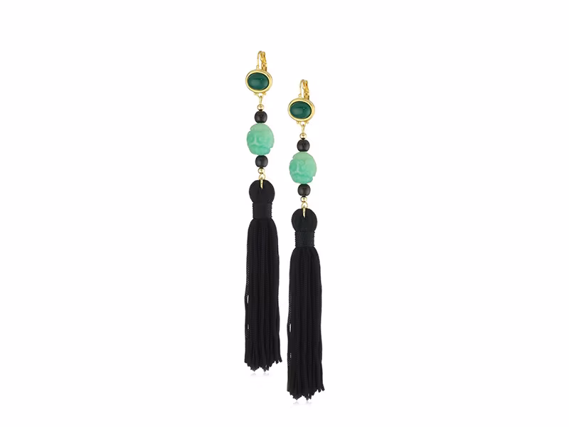 Kenneth Jay Lane Jade-Color Bead and Black Tassel Earrings