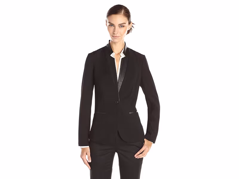Lark & Ro Single Button Faux Leather Trim Blazer