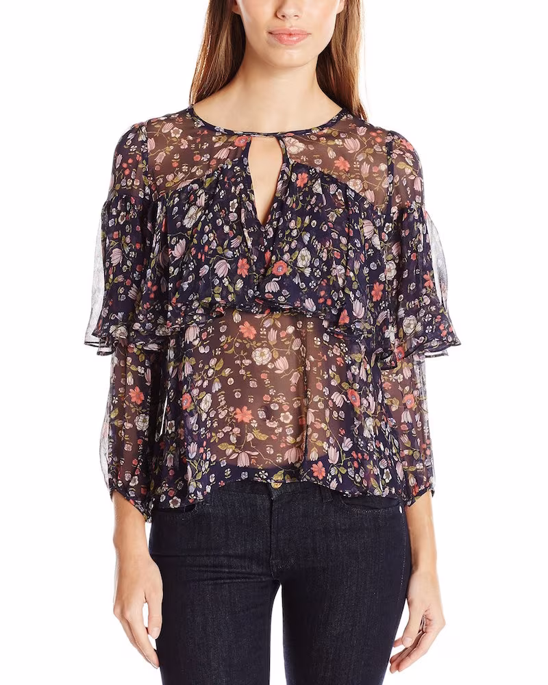 Rebecca Taylor Long Sleeve Tap Garden Chiffon Top