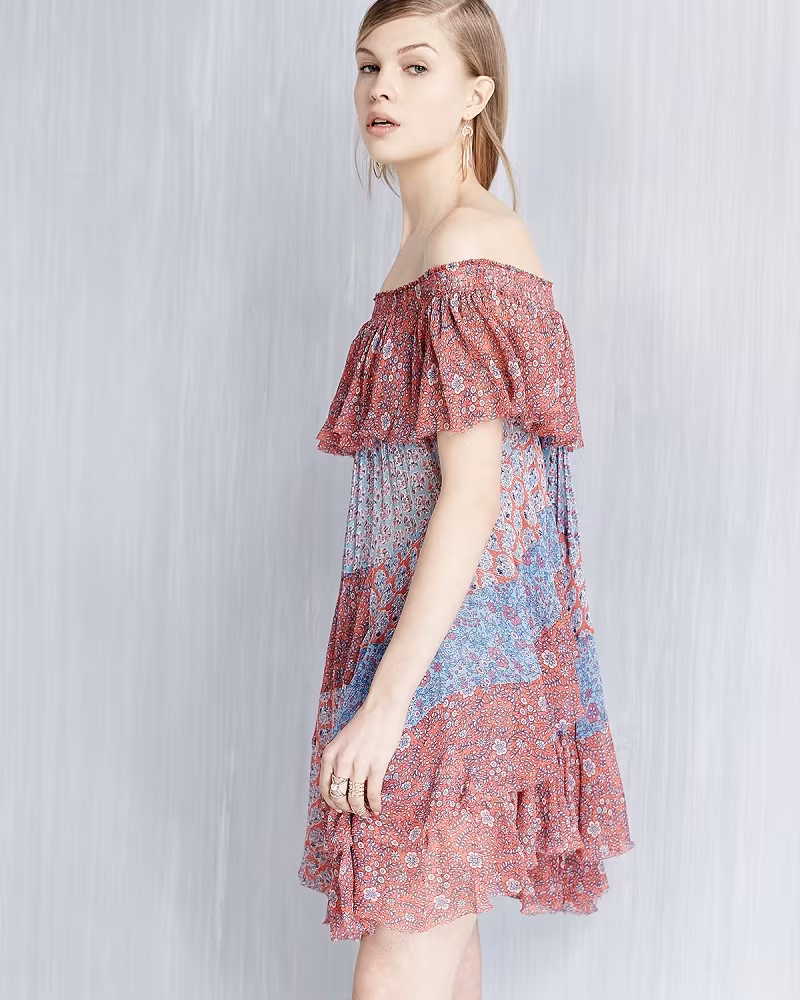 Rebecca Taylor Off-the-Shoulder Patchwork Mini Dress