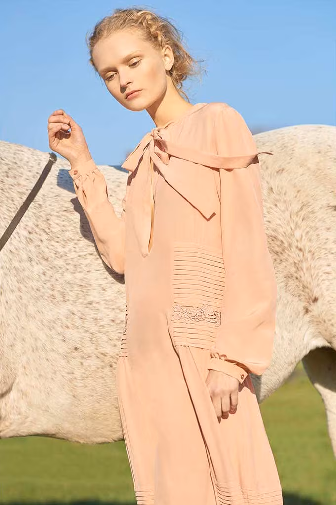 Rochas Cotton Long Sleeved Dress with Neck Tie