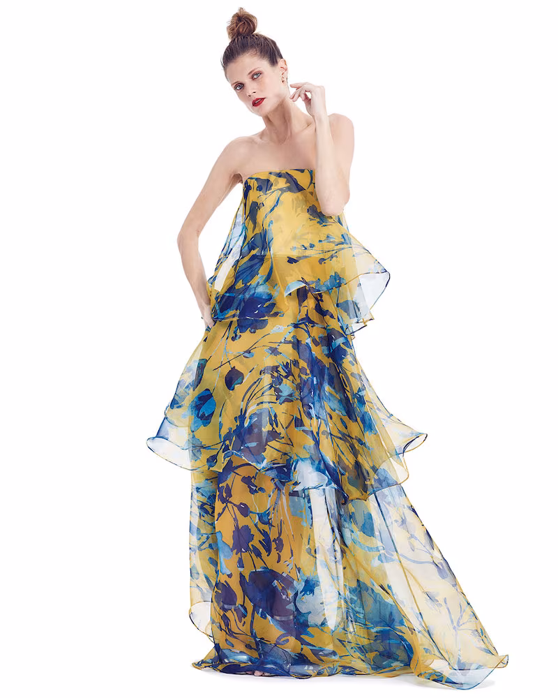 Sachin & Babi Noir Floral-Print Sleeveless Tiered Organza Gown