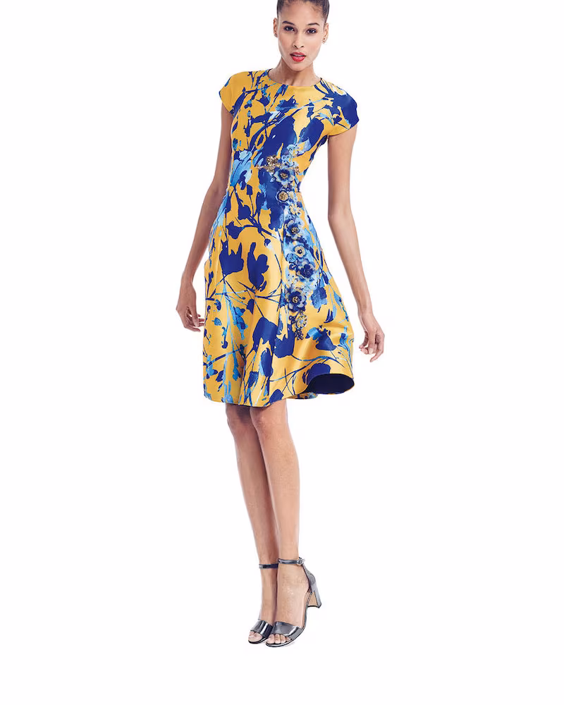 Sachin & Babi Noir Short-Sleeve Floral Jacquard Fit & Flare Dress