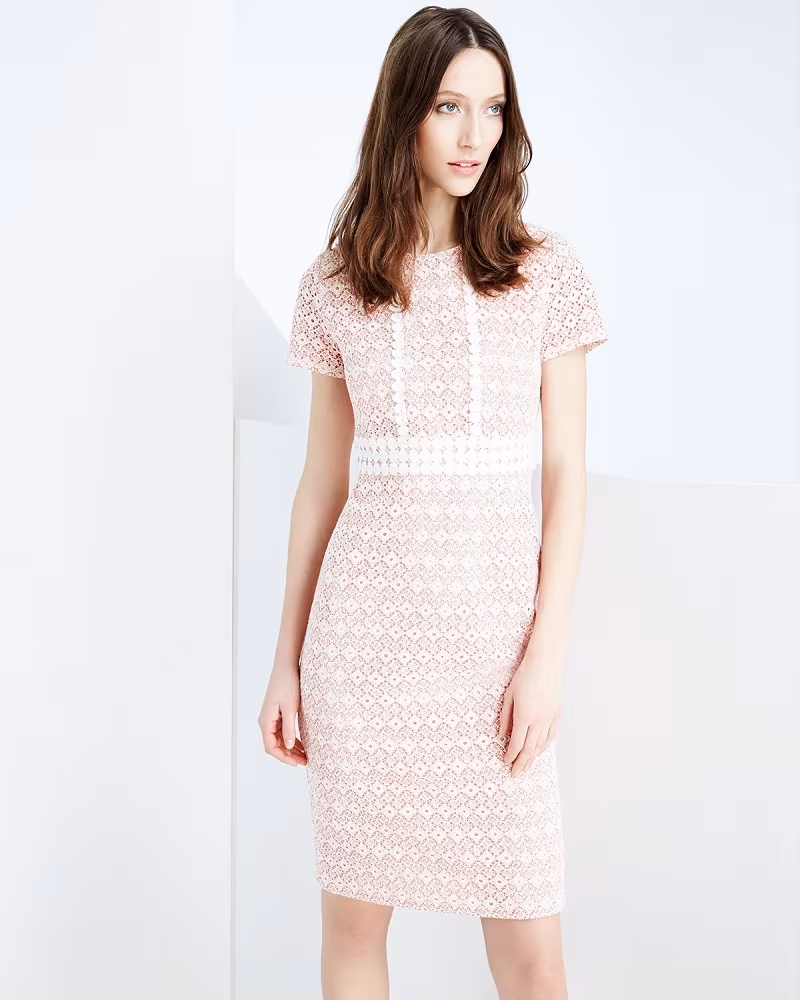 Shoshanna Round-Neck Macrame Eyelet Sheath Dress