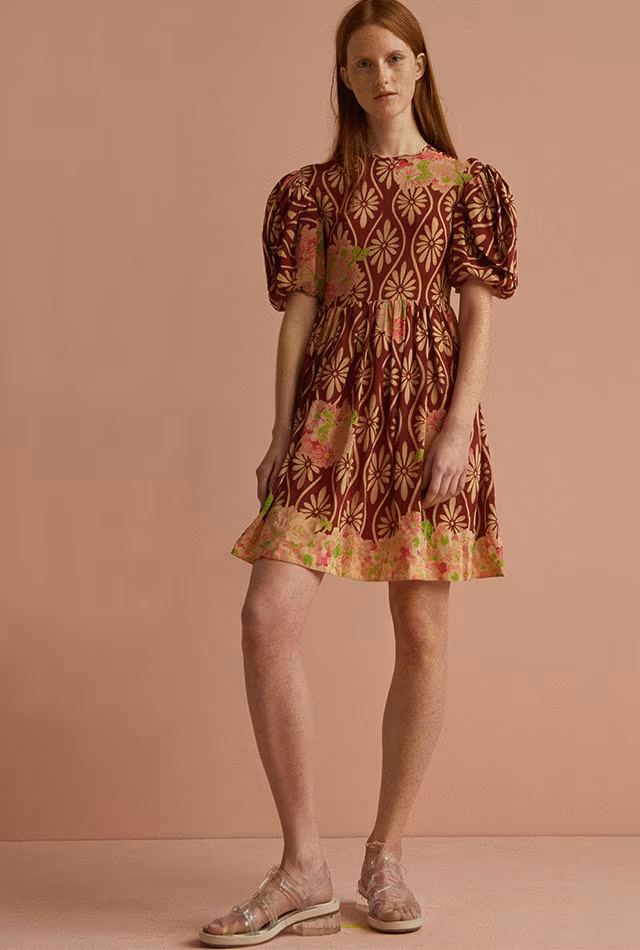Simone Rocha Floral Print Puff Sleeve Silk Dress_1