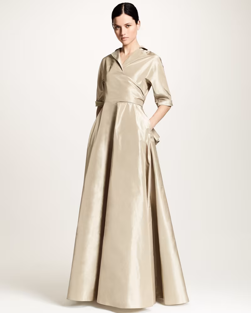 Lela Rose Half-Sleeve Faux-Wrap Gown