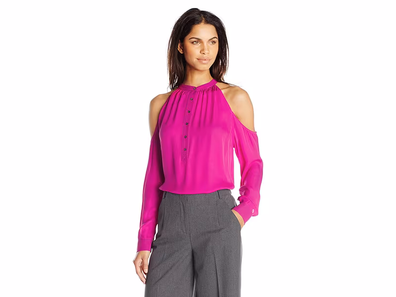 Nicole Miller Silk Ggt Shoulder Cut Out Blouse