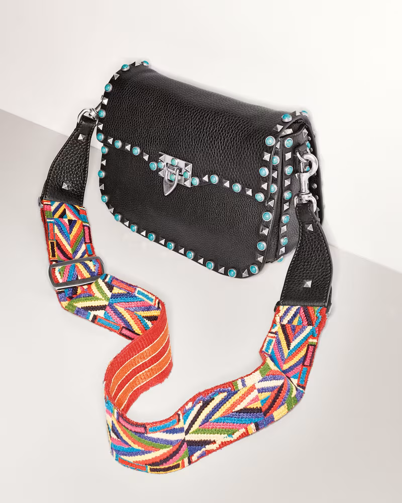 Valentino Rockstud Turquoise-Stud Saddle Bag with Embroidered Strap